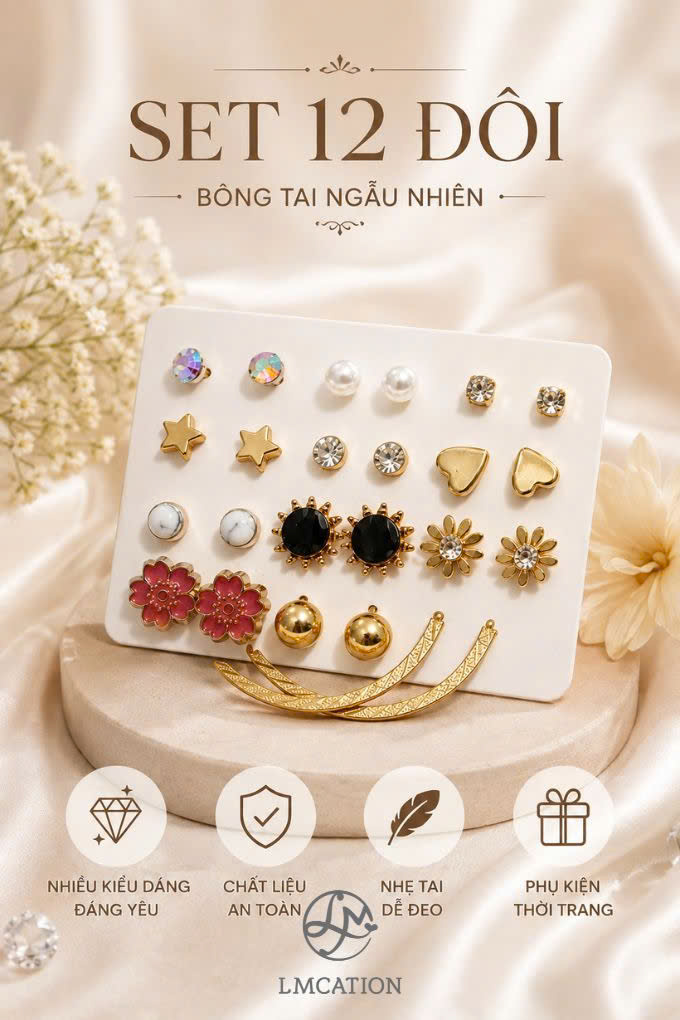 Set 12 Đôi Bông Tai Đa Dạng Phong Cách LMcation