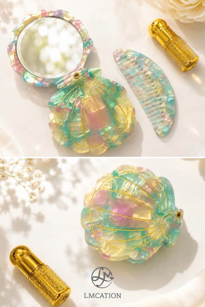 Unique Emerald-Tone Mini Mirror, Comb & Perfume Set